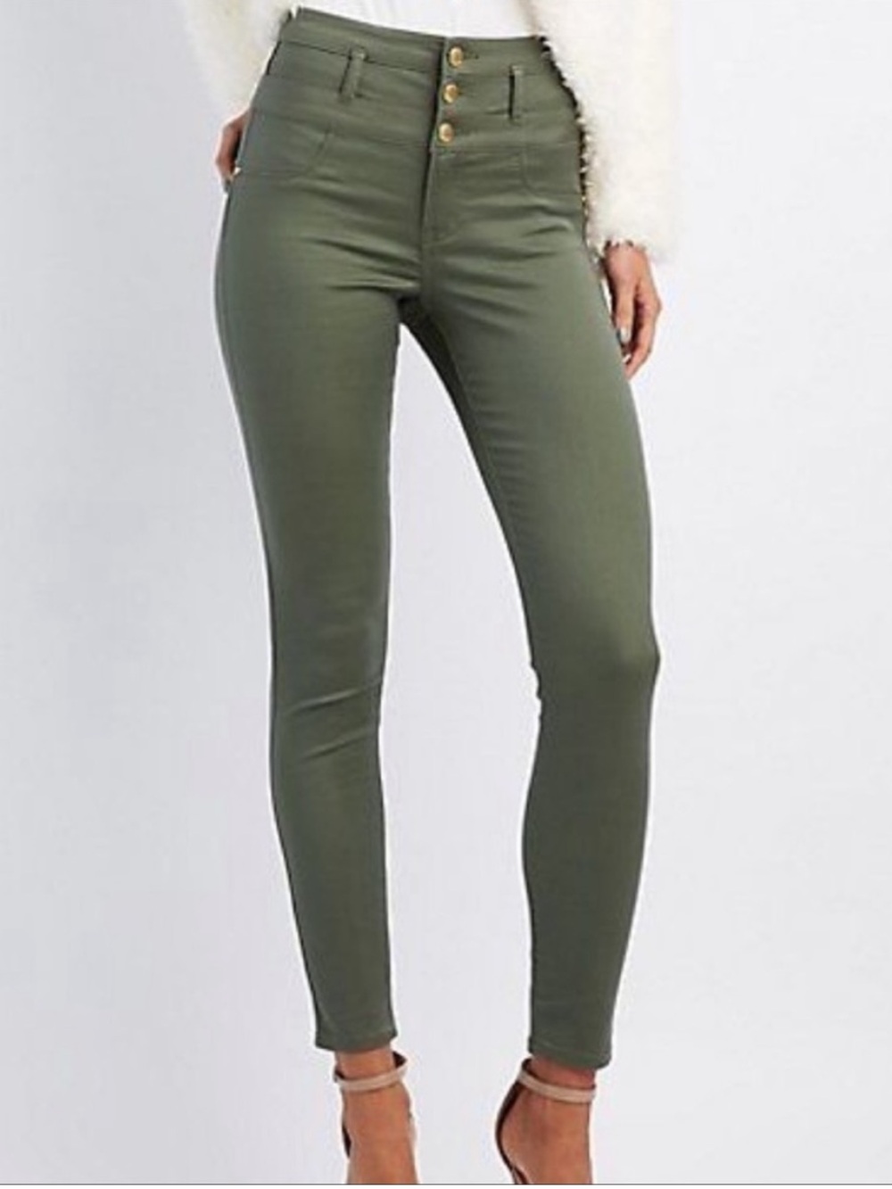 REFUGE High-Waist Army Olive Skinny Pants - Sleek Button Front 2